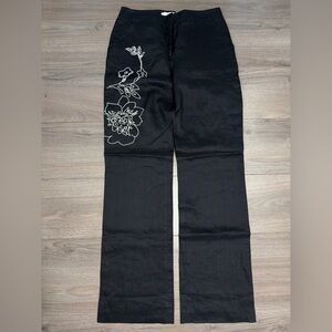 Cortefiel Black Linen Pants%100 LINEN with White Floral Embroidery-BRAND NEW